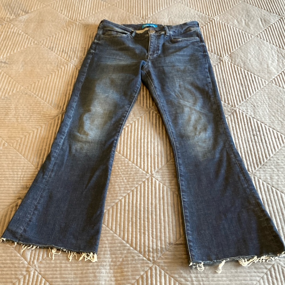 M.i.h Bodycon Marrakesh Mid Rise Kick Flare Cropped Raw Hem in More Blue EUC
